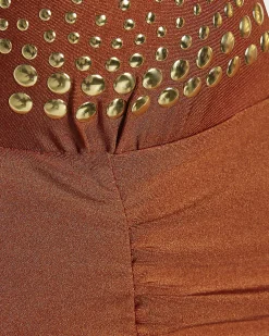 Brown Shaping Studded Halter Neck Swimsuit
