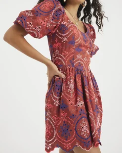 Brown Short Puff Sleeve Cutwork Mini Dress