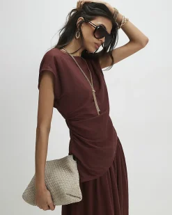 Brown Short Sleeve Asymmetric Hem Top