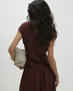 Brown Short Sleeve Asymmetric Hem Top