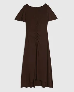 Brown Short Sleeve Cinched Waist Midi Dress