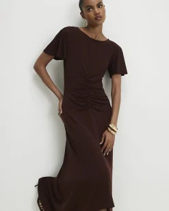 Brown Short Sleeve Cinched Waist Midi Dress