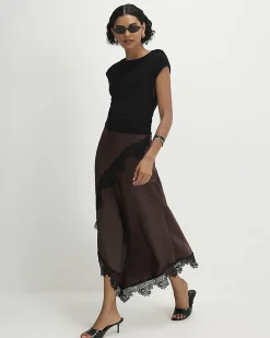 Brown Short Sleeve Lace Hybrid Maxi Dress