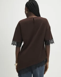 Brown Short Sleeve Lace Trim Asymmetric Top