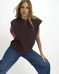 Brown Short Sleeve Pleat Shoulder T-shirt