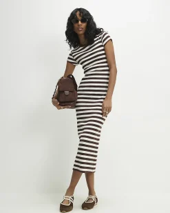 Brown Short Sleeve Striped Ribbed Midi Dress
