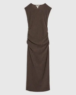 Brown Short Sleeve Textured Ruched Midi Dress