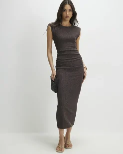 Brown Short Sleeve Textured Ruched Midi Dress