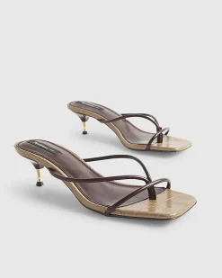 Brown Skinny Strap Toe Thong Heels