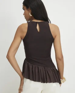 Brown Sleeveless Bubble Hem Top