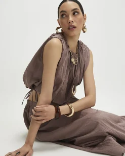 Brown Sleeveless Bubble Hem Top