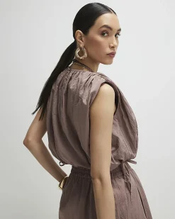 Brown Sleeveless Bubble Hem Top