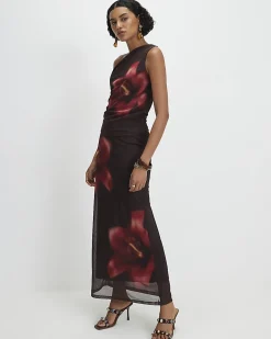 Brown Sleeveless Mesh Floral Print Top