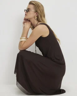 Brown Sleeveless Mesh Maxi Dress