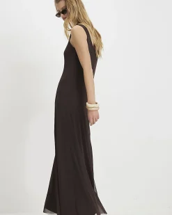 Brown Sleeveless Mesh Maxi Dress