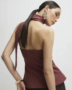 Brown Sleeveless Scarf Neck Waistcoat