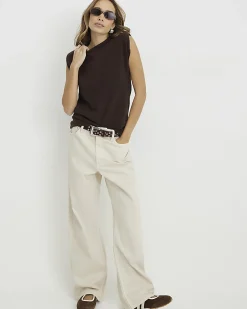 Brown Sleeveless Shoulder Pad Tank Top
