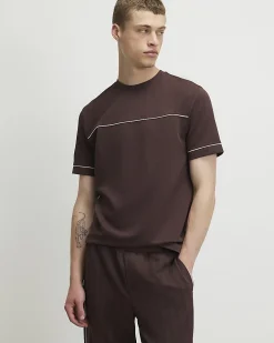 Brown Slim Fit Piped Textured T-Shirt