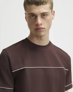 Brown Slim Fit Piped Textured T-Shirt
