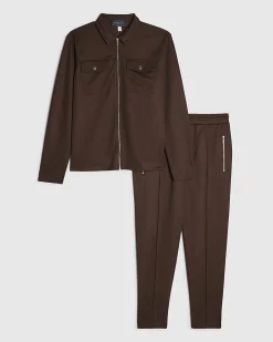Brown Slim Fit Pique Shacket And Joggers Set
