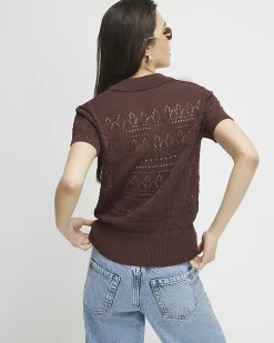 Brown Stitched Knit Polo Top