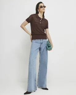 Brown Stitched Knit Polo Top
