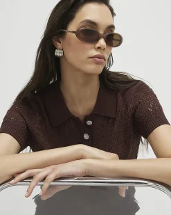 Brown Stitched Knit Polo Top