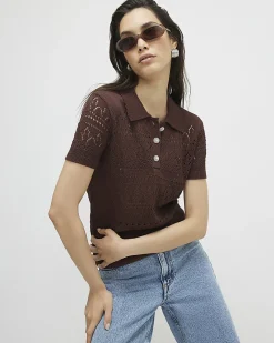 Brown Stitched Knit Polo Top