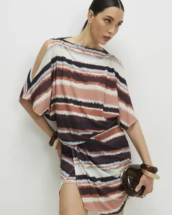 Brown Stripe Cold Shoulder Mini Dress