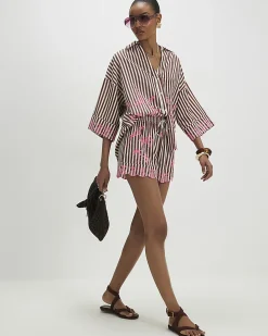 Brown Stripe Embroidered Toucan Shorts