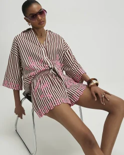 Brown Stripe Embroidered Toucan Shorts