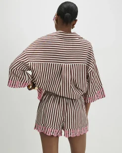 Brown Stripe Embroidered Toucan Shorts