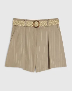 Brown Stripe Structured Belted Shorts