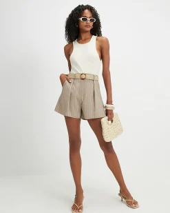 Brown Stripe Structured Belted Shorts