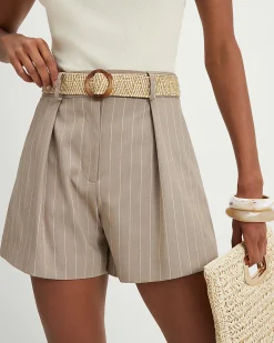 Brown Stripe Structured Belted Shorts