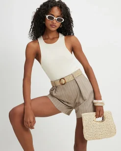 Brown Stripe Structured Belted Shorts