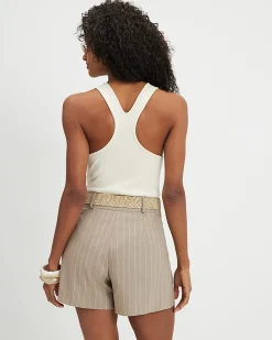 Brown Stripe Structured Belted Shorts