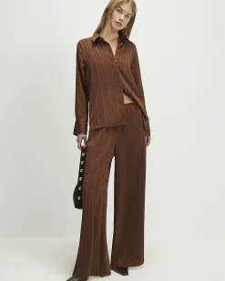 Brown Striped Satin Long Sleeve Shirt