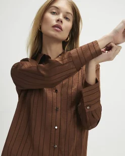 Brown Striped Satin Long Sleeve Shirt