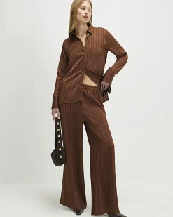 Brown Striped Satin Wide Leg Trousers