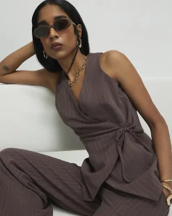 Brown Striped Soft Tie Front Top