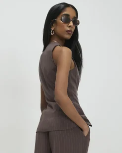 Brown Striped Soft Tie Front Top