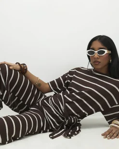 Brown Striped Textured Knot Front Top