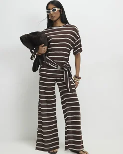 Brown Striped Textured Wide Leg Trousers