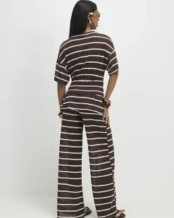 Brown Striped Textured Wide Leg Trousers