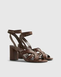 Brown Studded Scallop Edge Block Heel Sandals