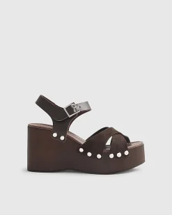 Brown Suede Clog Wedge Sandals