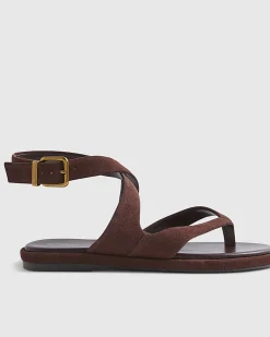 Brown Suede Cross Strap Toe Thong Sandals