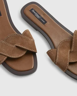 Brown Suede Twist Strap Sandals