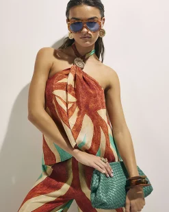Brown Swirl Print Halter Neck Top